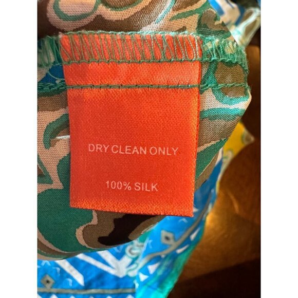 Hale Bob Shirt Women Small Green Blue Silk Beaded V Neck Ruched Sleeve Blouse - Picture 11 of 12